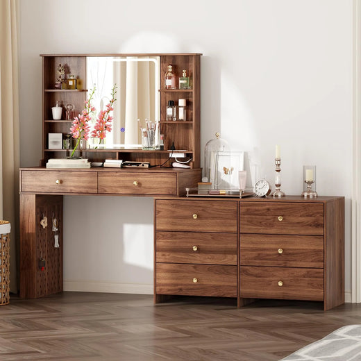 Makeup Vanity Desk with Mirror and Lights, Vanity Desk with 8 Drawers & Storage Shelves, Vanity Table with Power Outlet, 3 Color Modes & Adjustable Brightness Dressing Table, Bedroom,White2