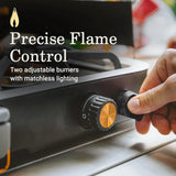 The 1900 series three-in-one propane camping stove, featuring a cast iron grill and frying pan accessories, has a power output of 24000 watts. It is equipped with an adjustable flame cover and excellent lighting device, and comes with two adjustable image 4