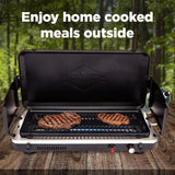 Gas camping barbecue grill | 13,000 watts | Portable liquefied gas burner | Foldable legs and feet | Integrated igniter and built-in regulator (with stainless steel drip tray) | Windproof panel and built-in handle image 2