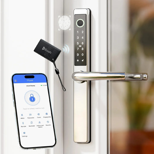 Smart Lock Fingerprint Door Lock with IC Card & App Control, Keyless Entry Smart Door Lock for 40–75mm Doors, Multipoint Locking System Door Lock Apply toWooden/Metal/PVC Door (OS Frosted Silver)