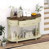Retro game console table with drawer, 52-inch narrow sofa table with open shelves, table with storage function at the half-moon entrance, solid wood legs, entrance table for retro living room corridor, beige color scheme image 2