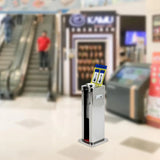 Automatic wet umbrella packaging machine, stainless steel single-slot umbrella bag distributor bracket, equipped with 1000 long umbrella bags and warning signs, suitable for commercial shopping centers, hotels, in silver color. image 2