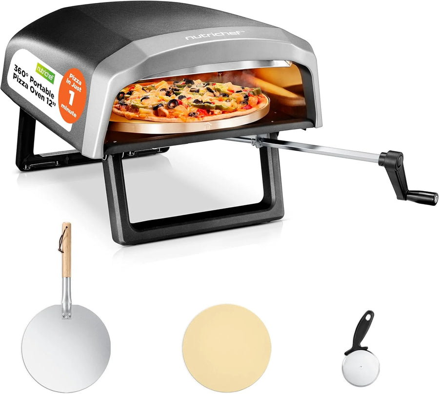 Outdoor pizza oven, equipped with 360-degree rotating pizza stone | Adjustable temperature control | Includes pizza shovel, pizza knife, stone, lid and hose | Can bake a 12-inch pizza in 60 seconds | 32.9 x 16.1 x 12.4 inches