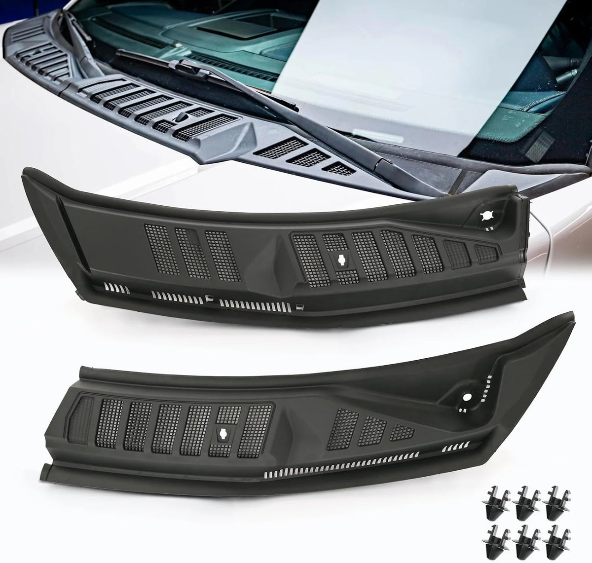 The front windshield wiper cover panel grille is compatible with the 2009 - 2014 models of Ford F150. It features two front insert panels on both the left and right sides.