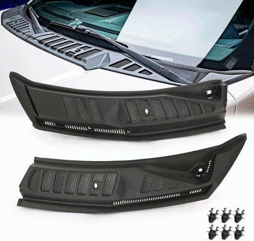 The front windshield wiper cover panel grille is compatible with the 2009 - 2014 models of Ford F150. It features two front insert panels on both the left and right sides.