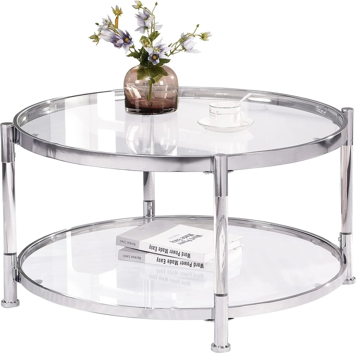A round coffee table with a metal frame, the surface is made of chrome-plated acrylic glass.