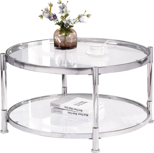 A round coffee table with a metal frame, the surface is made of chrome-plated acrylic glass.