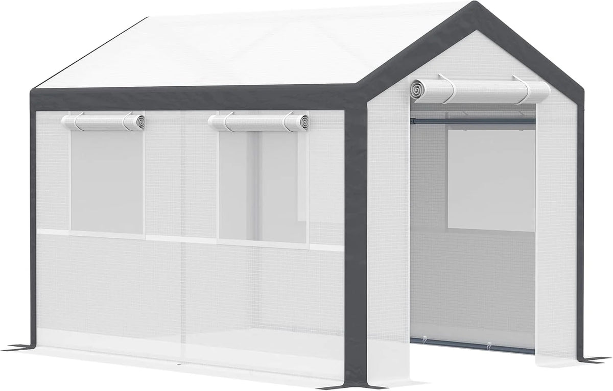 A 20-foot x 10-foot x 9-foot walk-in green house with an outdoor garden greenhouse, equipped with 6 roll-up windows, 2 zipper doors and a rain cover, in white color.