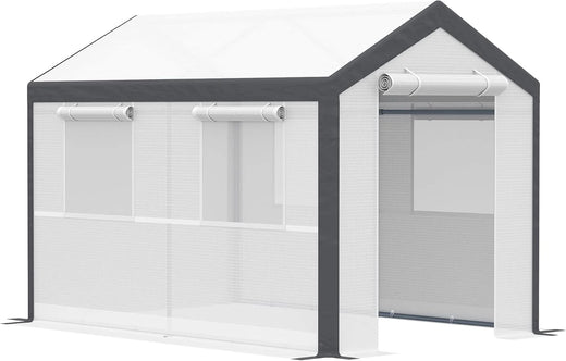 A 20-foot x 10-foot x 9-foot walk-in green house with an outdoor garden greenhouse, equipped with 6 roll-up windows, 2 zipper doors and a rain cover, in white color.