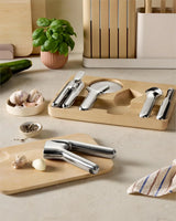 Kitchen Tool Set - Five-piece essential kitchen items - Made of stainless steel - Includes can opener, pizza cutter, garlic press, ice cream scoop, vegetable peeler and storage organizer box image 2