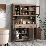 78.5-inch high kitchen cabinet storage unit, large storage cabinet with glass doors, equipped with drawers and adjustable shelves. The wooden kitchen storage unit has a microwave shelf, suitable for a home coffee bar. image 3