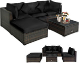 5 pieces of outdoor patio furniture, L-shaped rattan three-seater sofa with tempered glass coffee table, footstool, 3 single chairs, rattan outdoor party set, suitable for backyard, porch, balcony, black version image 3