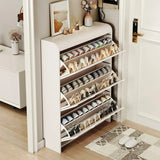 Narrow white artificial wooden shoe cabinet with door, modern entrance shoe rack, standalone hidden shoe cabinet image 2