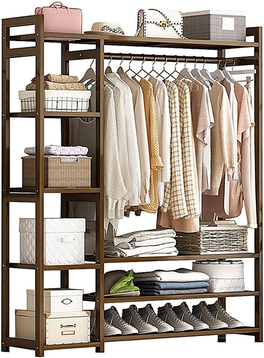 Floor-Standing Solid Wood Rotating Coat Rack，Portable Bamboo Clothes Rack - Versatile Closet Organizer with Storage Shelves and Compartments for Bedroom, Entryway, or Living Room - Stylish a