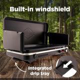 Gas camping barbecue grill | 13,000 watts | Portable liquefied gas burner | Foldable legs and feet | Integrated igniter and built-in regulator (with stainless steel drip tray) | Windproof panel and built-in handle image 3