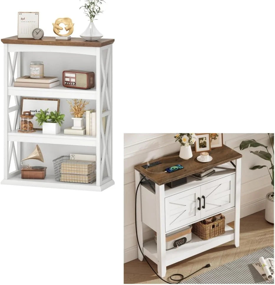 Farmhouse Sofa Table with Power Outlet-4-Tier Bookcase, 42.9" Floor Standing Organizer Shelf