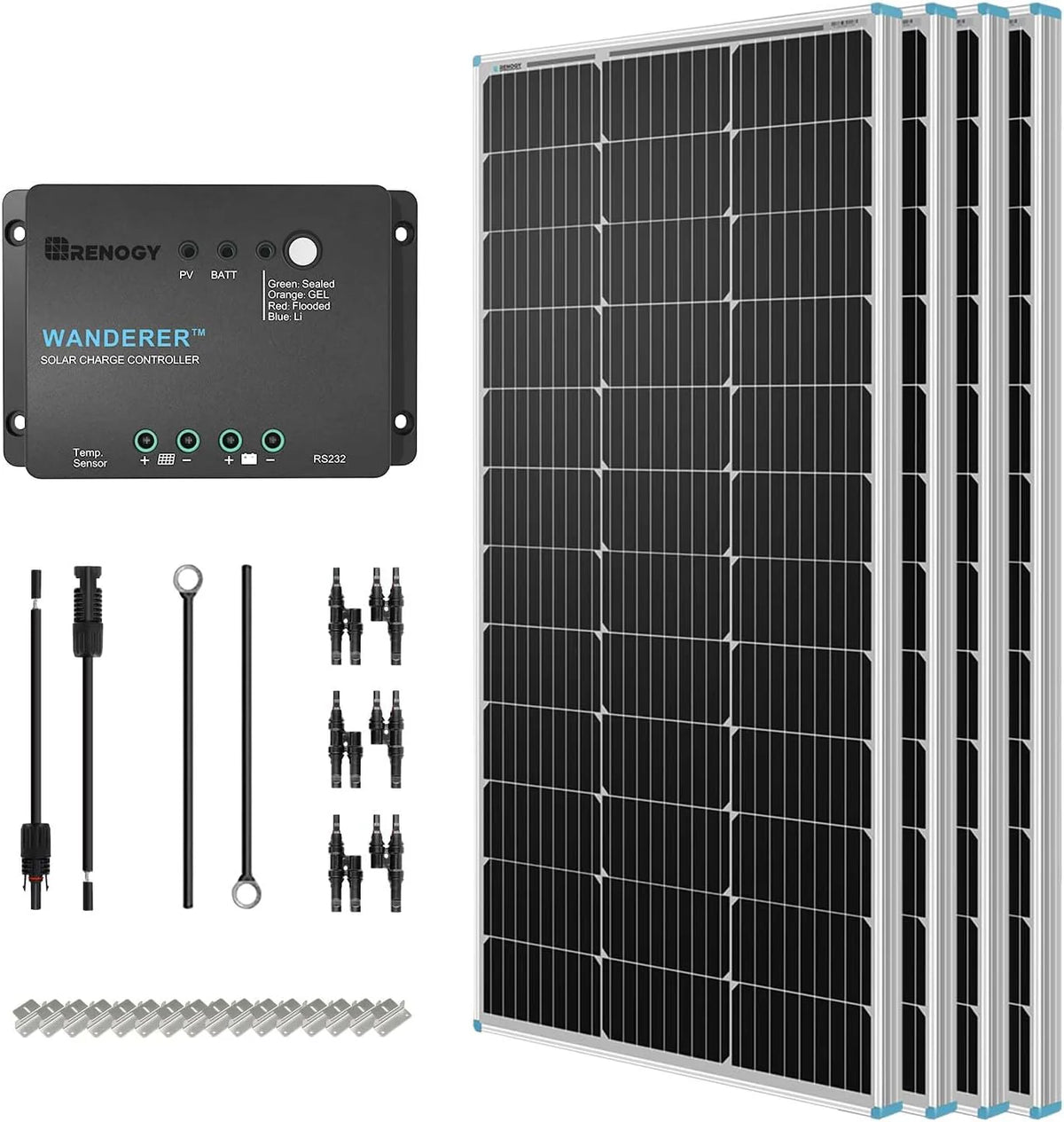 400 Watt 12 Volt Premium 4 Pcs 100W Panel 40A MPPT Charge Controller Bluetooth Module Fuse Mounting Z Brackets Adaptor Kit Tray Cables Set, 400W, Grid 12V Solar Power System
