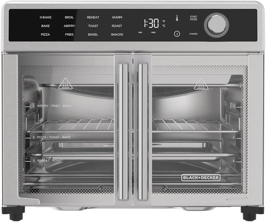 Fryer Toaster Oven Combo, 12 in 1 Countertop Convection Oven Cooks Food Fast, Fits a Whole Pizza or 6 Toast Slices, French Doors with Stainless Steel Finish