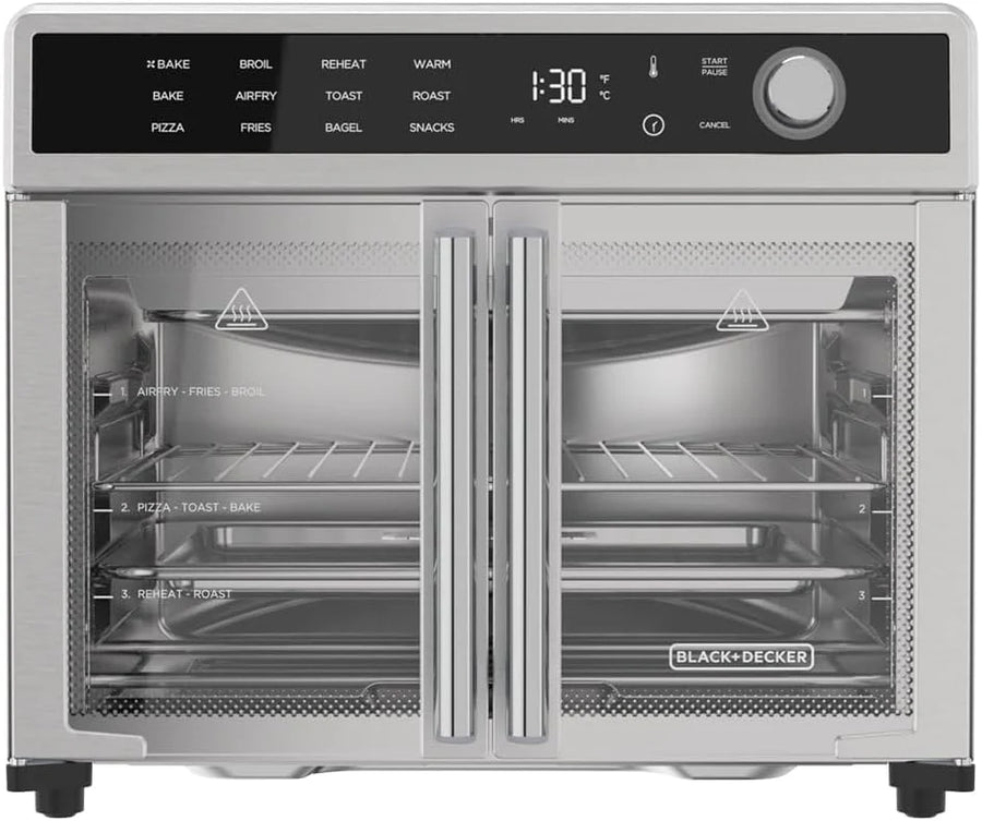 Fryer Toaster Oven Combo, 12 in 1 Countertop Convection Oven Cooks Food Fast, Fits a Whole Pizza or 6 Toast Slices, French Doors with Stainless Steel Finish