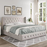 Queen Size Lift Up Storage Bed, Modern Wingback Headboard, Hydraulic Support, No Box Spring Needed, Light Beige image 3