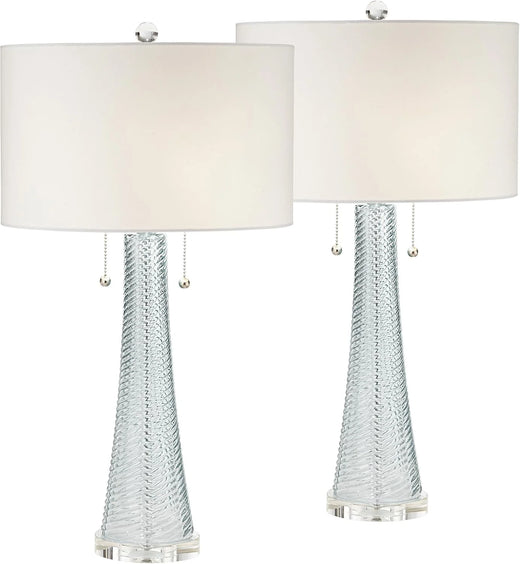 Modern desk lamp, 28.5 inches high, 2 sets. Features a sky-blue textured glass lampshade and a white cylindrical lampshade with a vortex pattern. Suitable for living room, bedroom, bedside table, night light, office, and home use.