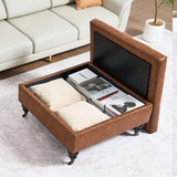 Square leather footstool with storage function, coffee table-style footstool with soft padded raised buttons, equipped with wheels, polyurethane leather high-density sponge, suitable for living room, dormitory, bedroom, in brown color scheme. image 2