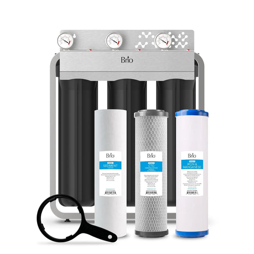 Whole-house filtration system, designed to remove iron and manganese, with a flow rate of 900 gallons per minute, dimensions of 4.5 inches x 20 inches, featuring a built-in sediment filter, activated carbon filter and iron/manganese filter, with a li