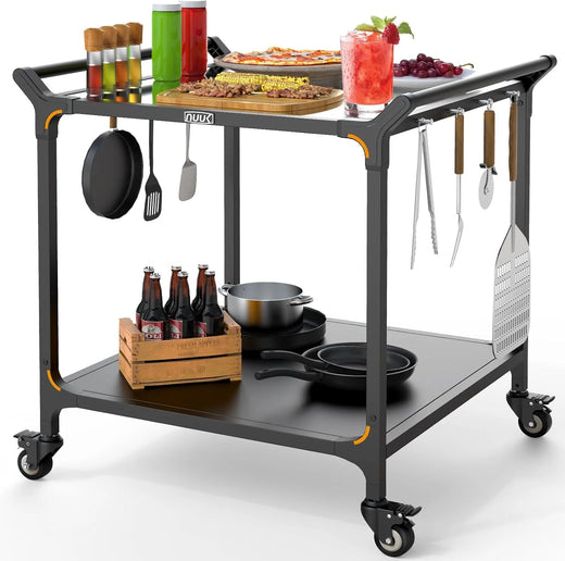 Outdoor barbecue food truck, 32" x 32" stainless steel pizza oven table, mobile barbecue kitchen food preparation cart with double-tiered shelves, suitable for garden patios