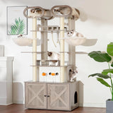 The Habori cat climbing frame with cat litter box storage box, a 76.8-inch wooden Menicos cat tower, equipped with a feeding station and a large platform, modern-style large cat apartment furniture, with a climbing column made of full Nisaal material image 2