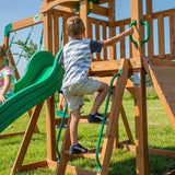 A complete set of wooden mountain-style swings, equipped with a colorful canvas sunshade, a wave slide, a rope swing, a net swing, and a rock wall with climbing ropes and ladders. image 4
