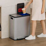 16-gallon contact-free trash and recycling bins, made of stainless steel, with a double compartment design (each compartment holds 8 gallons), suitable for recycling and waste disposal in the kitchen. image 2