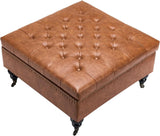 Square leather footstool with storage function, coffee table-style footstool with soft padded raised buttons, equipped with wheels, polyurethane leather high-density sponge, suitable for living room, dormitory, bedroom, in brown color scheme. image 3