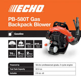 ECHO PB-580T 58.2cc Gas Backpack Leaf Blower, 216 MPH, 517 CFM, 2-Stroke Engine, Tube Throttle image 3