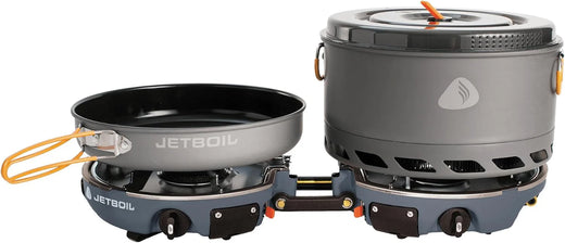 Backpack camping cooking equipment system, including camping cookware, suitable for backpacking and camping use.