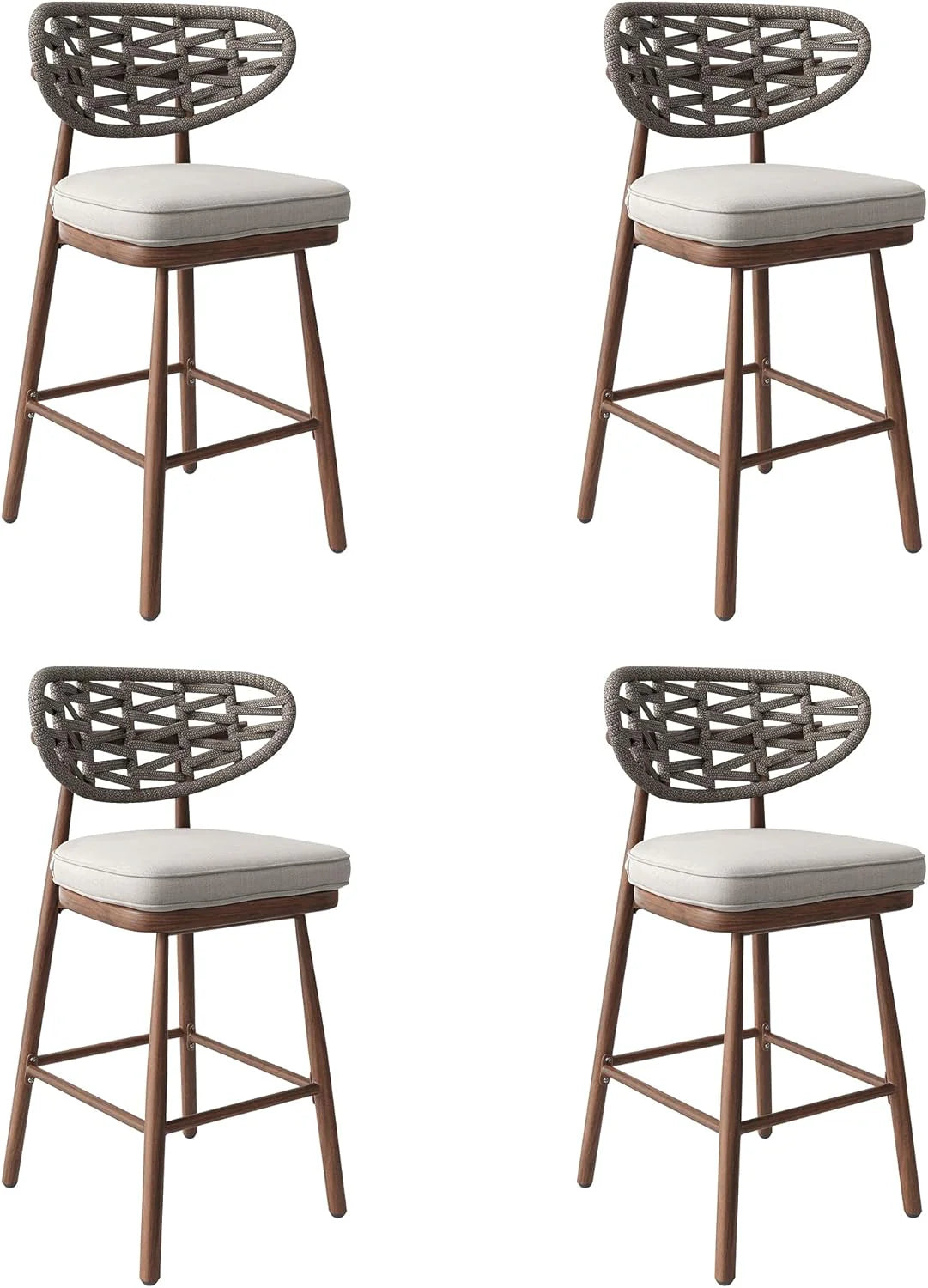 Outdoor Bar Stools Set of 2,Rattan Barstools Woven,29'' Bar Height Stools with Backrest and Teak Leg,Aluminum Bar Chairs Boho Bar Stool with Cushions,Tall Barstool for Patio,Teak