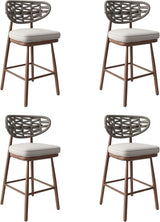 Outdoor Bar Stools Set of 2,Rattan Barstools Woven,29'' Bar Height Stools with Backrest and Teak Leg,Aluminum Bar Chairs Boho Bar Stool with Cushions,Tall Barstool for Patio,Teak