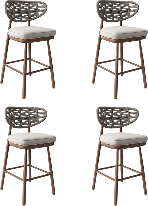 Outdoor Bar Stools Set of 2,Rattan Barstools Woven,29'' Bar Height Stools with Backrest and Teak Leg,Aluminum Bar Chairs Boho Bar Stool with Cushions,Tall Barstool for Patio,Teak