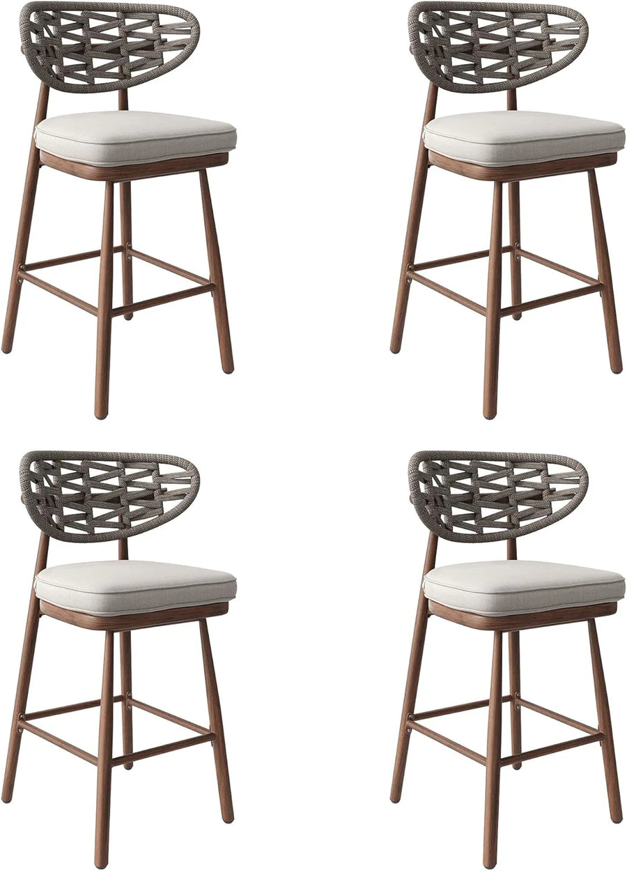 Outdoor Bar Stools Set of 2,Rattan Barstools Woven,29'' Bar Height Stools with Backrest and Teak Leg,Aluminum Bar Chairs Boho Bar Stool with Cushions,Tall Barstool for Patio,Teak