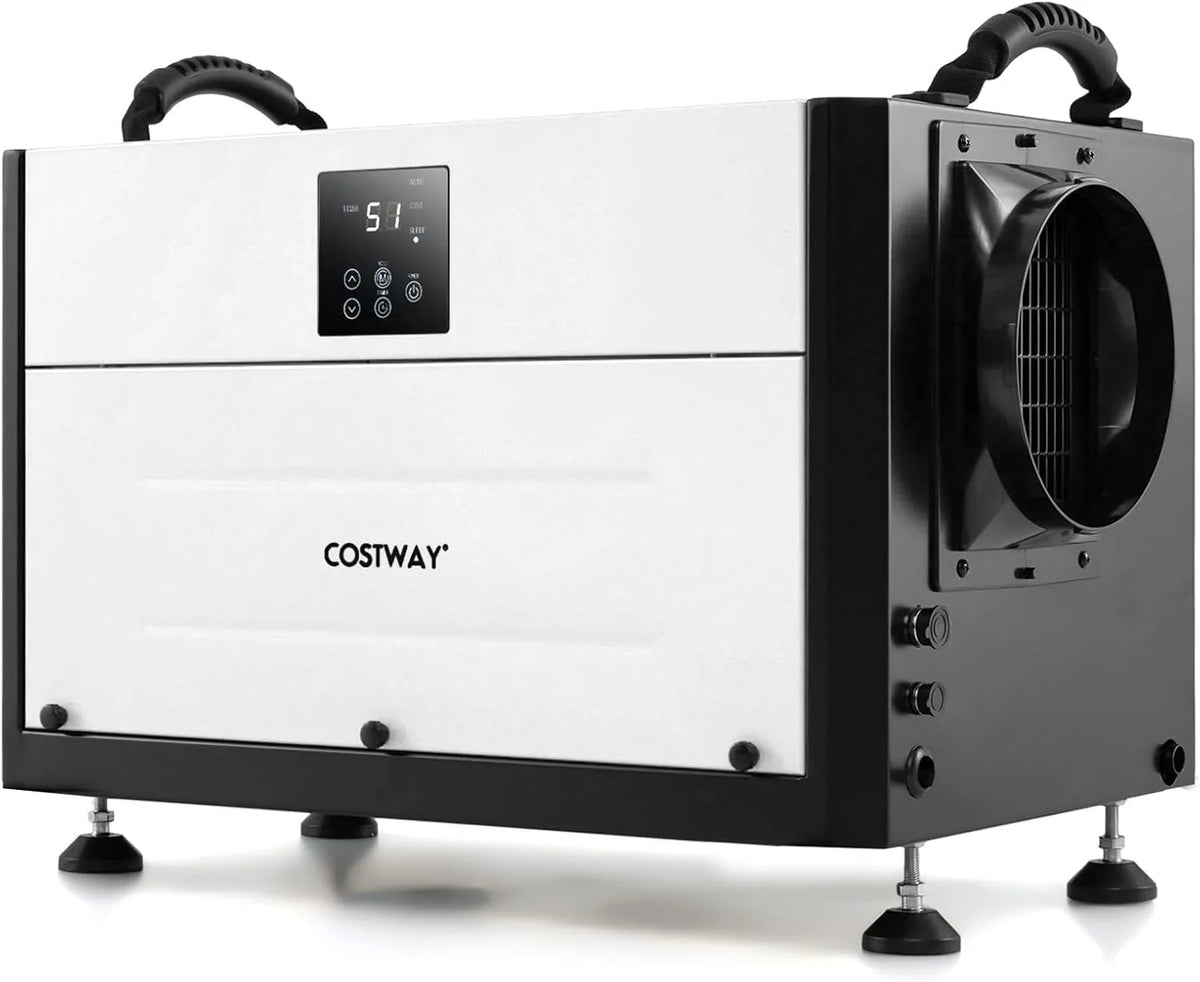 Commercial dehumidifier, suitable for 1300 square feet of basements, warehouses or work sites, equipped with a 9.8-foot drainage pipe and a wired remote control panel, white model.