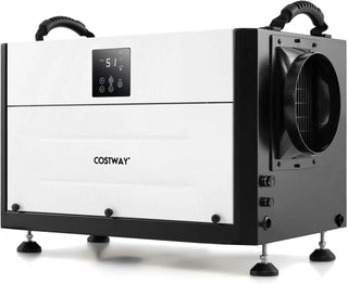 Commercial dehumidifier, suitable for 1300 square feet of basements, storage areas or work sites, equipped with a 9.8-foot drainage pipe and a wired remote control panel, white model.