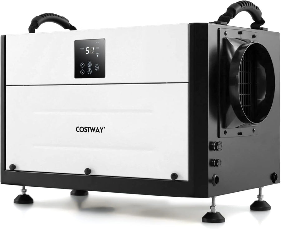 Commercial dehumidifier, suitable for 1300 square feet of basements, storage areas or work sites, equipped with a 9.8-foot drainage pipe and a wired remote control panel, white model.