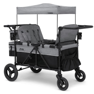 Luxurious 4-seater children's stroller - A high-end 4-seater children's stroller specially designed for 4 children, equipped with convertible seats, adjustable push-pull handles, detachable sunshade, and flat folding device. The color is grey.