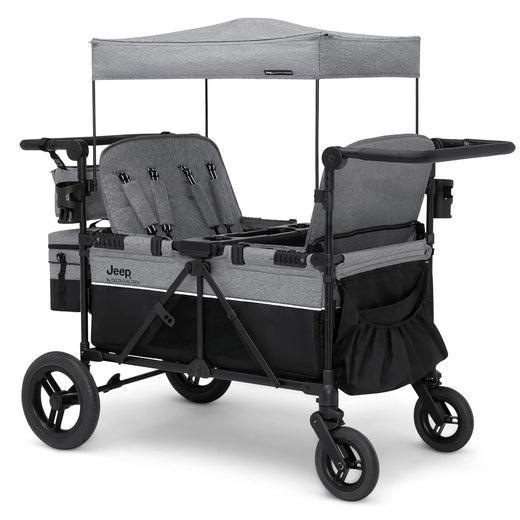 Luxurious 4-seater children's stroller - A high-end 4-seater children's stroller specially designed for 4 children, equipped with convertible seats, adjustable push-pull handles, detachable sunshade, and flat folding device. The color is grey.