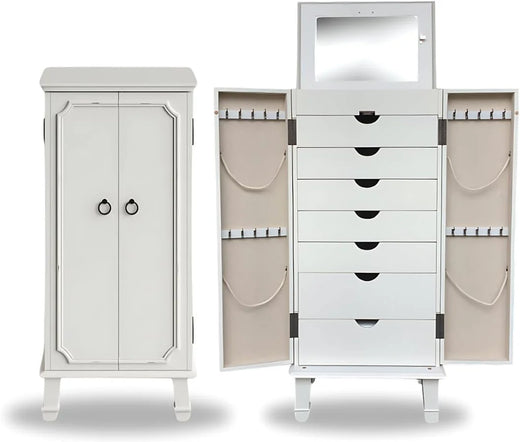 Hives and Honey Cabby Standing Jewelry Armoire – Fully Locking Wood Jewelry Storage with Mirror, 7 Drawers, Necklace Hooks, and Anti-Tarnish Lining — Turquoise