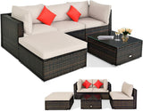 5 pieces of outdoor patio furniture, L-shaped rattan three-seater sofa with tempered glass coffee table, footstool, 3 single chairs, rattan outdoor party set, suitable for backyard, porch, balcony, black version image 2