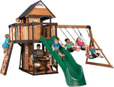 Backyard Discovery Canyon Creek Cedar Wood Swing Set with Wave Slide, Clubhouse, Play Kitchen, Picnic Area, Belt Swings, Web Swing, Rock Wall, Balconies, Playhouse, Step Ladder, Outdoor Playset image 2