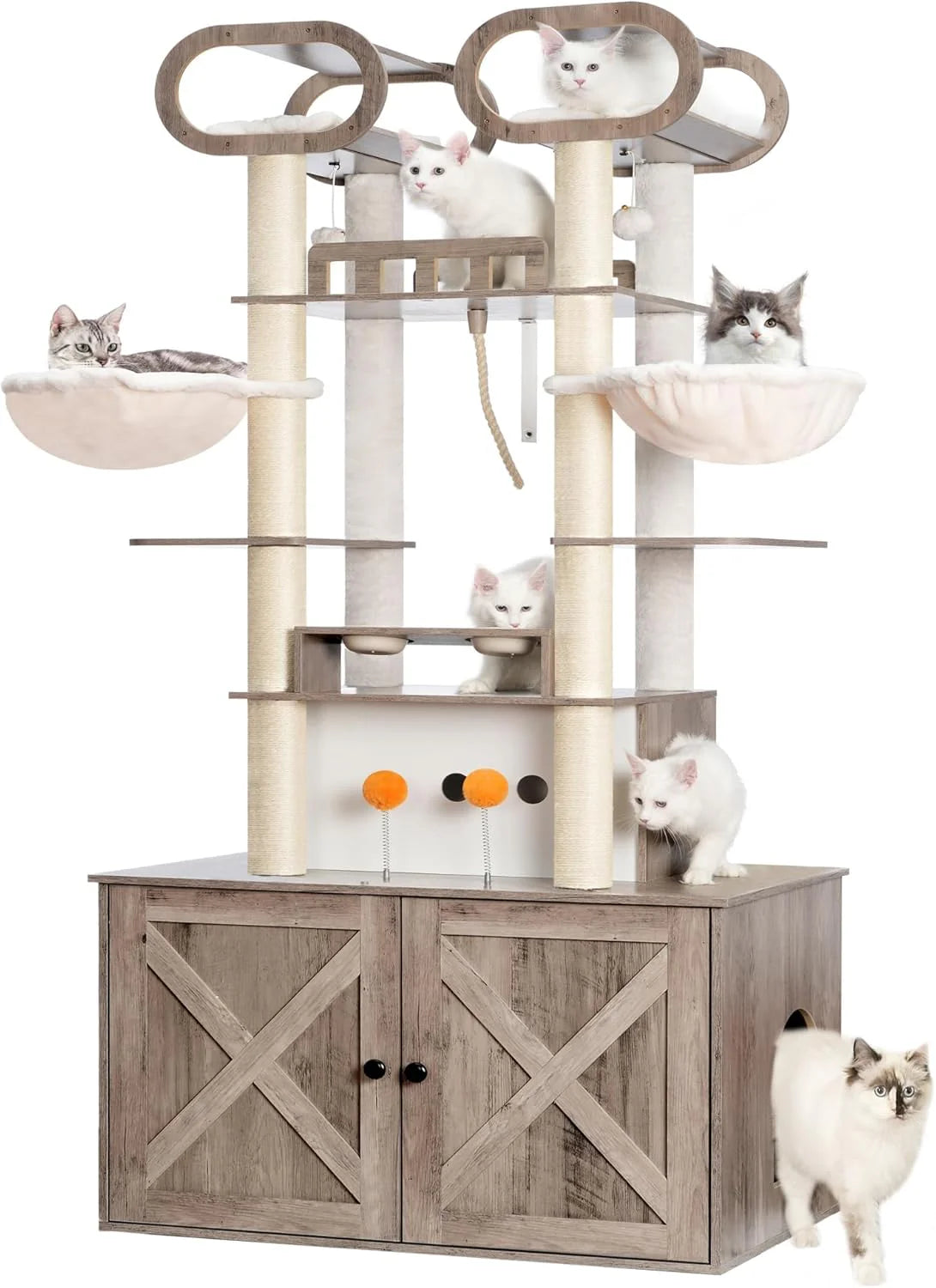 The Habori cat climbing frame with cat litter box storage box, a 76.8-inch wooden Menicos cat tower, equipped with a feeding station and a large platform, modern-style large cat apartment furniture, with a climbing column made of full Nisaal material