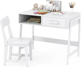 Kids Desk and Chair Set, Wooden Children School Study Table and Chair w/Storage Drawer & Hutch, Student Writing Desk Computer Workstation for Bedroom, Gift for 3 Years Old (White) image 2