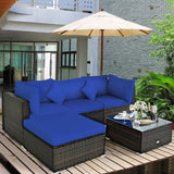 5 pieces of outdoor patio furniture, L-shaped rattan three-seater sofa with tempered glass coffee table, footstool, 3 single chairs, rattan outdoor party set, suitable for backyard, porch, balcony, black version image 4