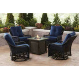 5-Piece Steel Patio Fire Pit Conversation Set with Navy Blue Cushions, Swivel Gliders and Square Fire Pit Table image 2